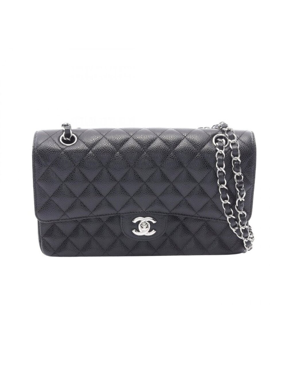Chanel Shoulder Bag Quilted Double Flap Black Caviar Leather Chain